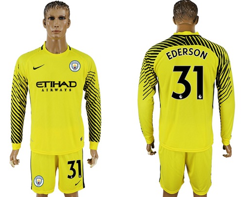 Manchester City #31 Ederson Yellow Goalkeeper Long Sleeves Soccer Club Jersey